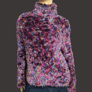 Vintage 90s Shaggy Colorful Sweater Size M Fluffy Eyelash Faux Fur Rave Festival